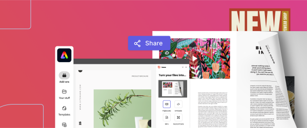 The interface of Issuu's new add-on for Adobe Express, where you can see your design previewed in various formats displayed next to a digital flipbook with a page turning