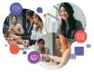 Three circles of people co-working together harmoniously depicting our values of Care, Grit and Learning.