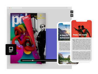 Digital flipbook next to two content articles being viewed on mobile devices